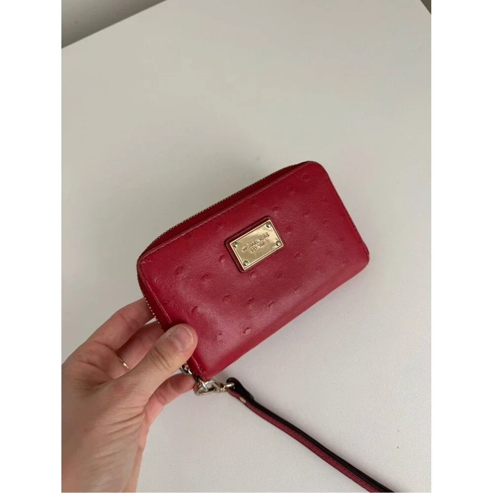 Michael Kors Red Ostrich Embossed Zip Leather Wristlet